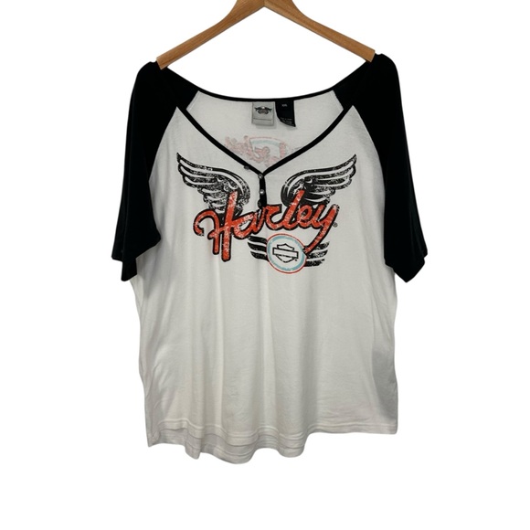 Harley-Davidson Tops - Harley Davidson Womens Graphic Raglan Short Sleeve T Shirt XXL White Black Wings